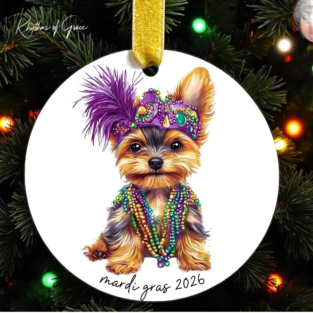 Mardi Gras Yorkie Christmas Ornament – Dog Lover Keepsake, Personalized Gift
